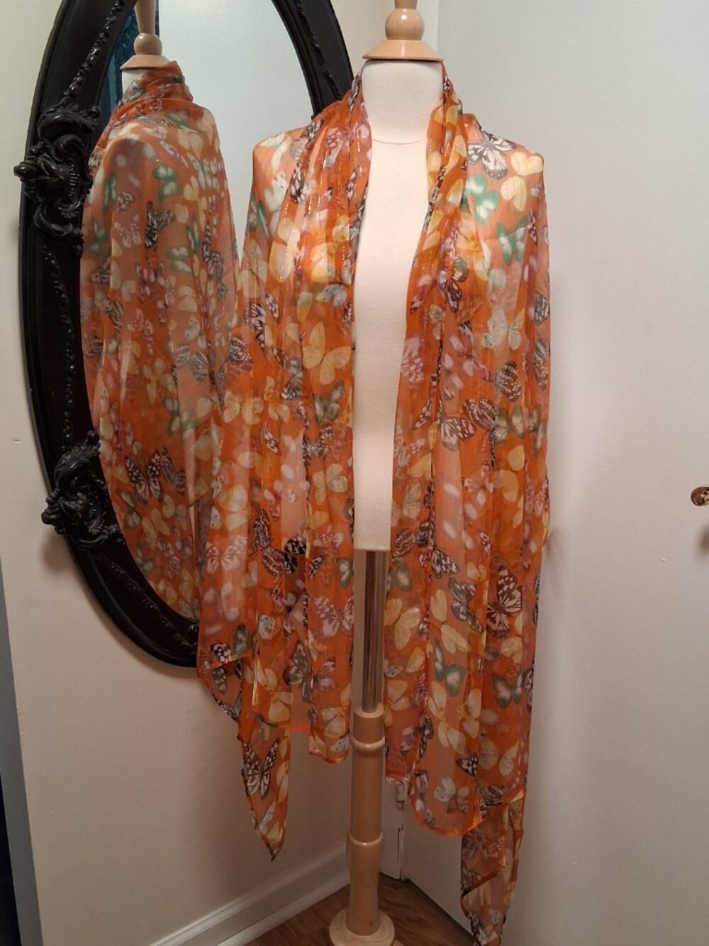 Aratta Orange Butterfly Sheer Wrap Scarf Shawl Coverup w/ Lurex Thread NEW